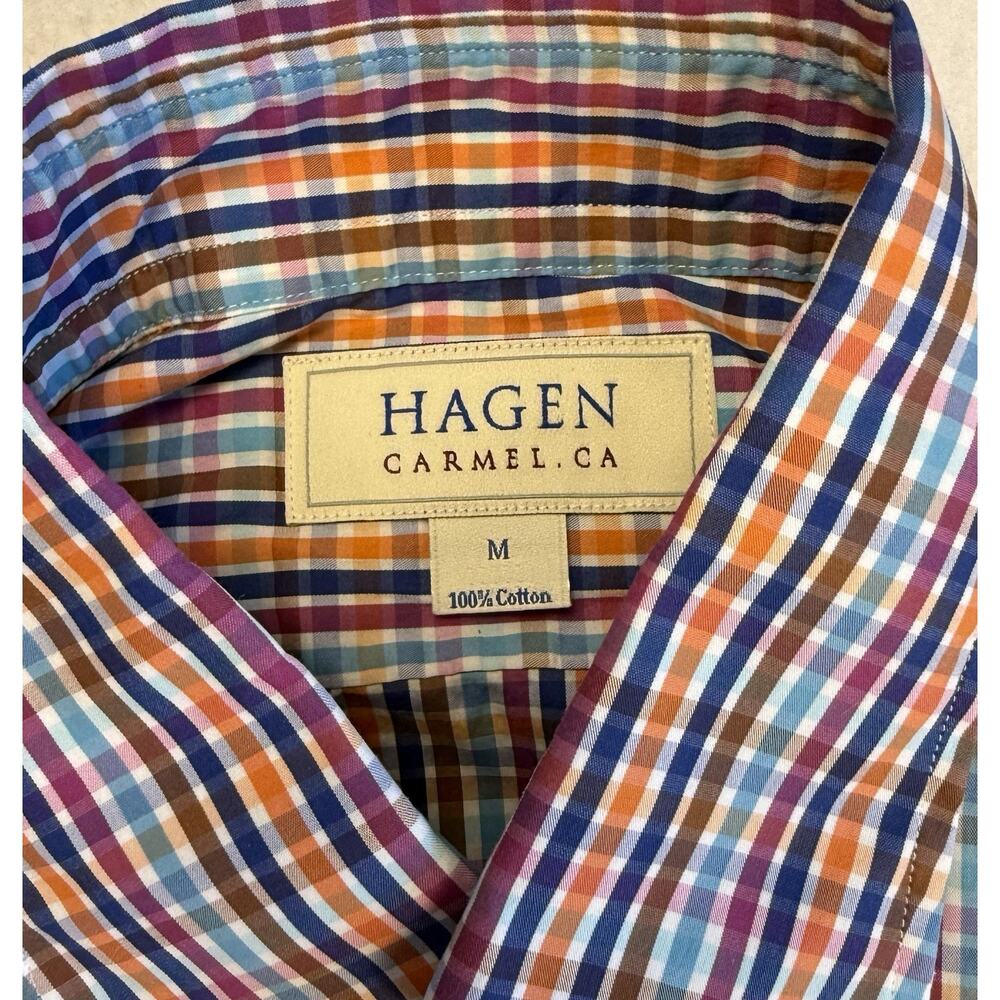 Hagen Carmel CA mens shirt medium plaid pink orange blue Eclectic Grandpa Preppy